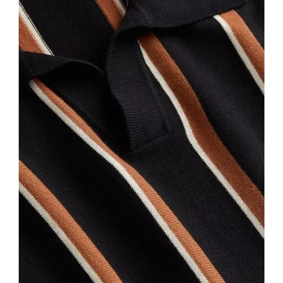 H&M Regular Fit Fine-Knit Striped Polo Shirt Black Beige White Cotton S - Picture 2 of 5